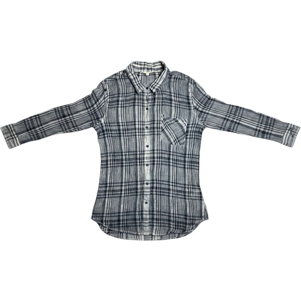 Lucky Brand Button Down Women L Blue Plaid Gauze Long Sleeve Chest Pocket Shirt